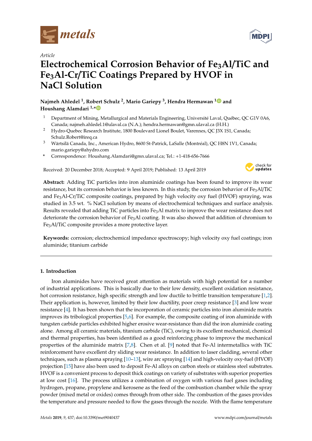 Electrochemical Corrosion Behavior of Fe3al/Tic and Fe3al-Cr/Tic Coatings Prepared by HVOF in Nacl Solution