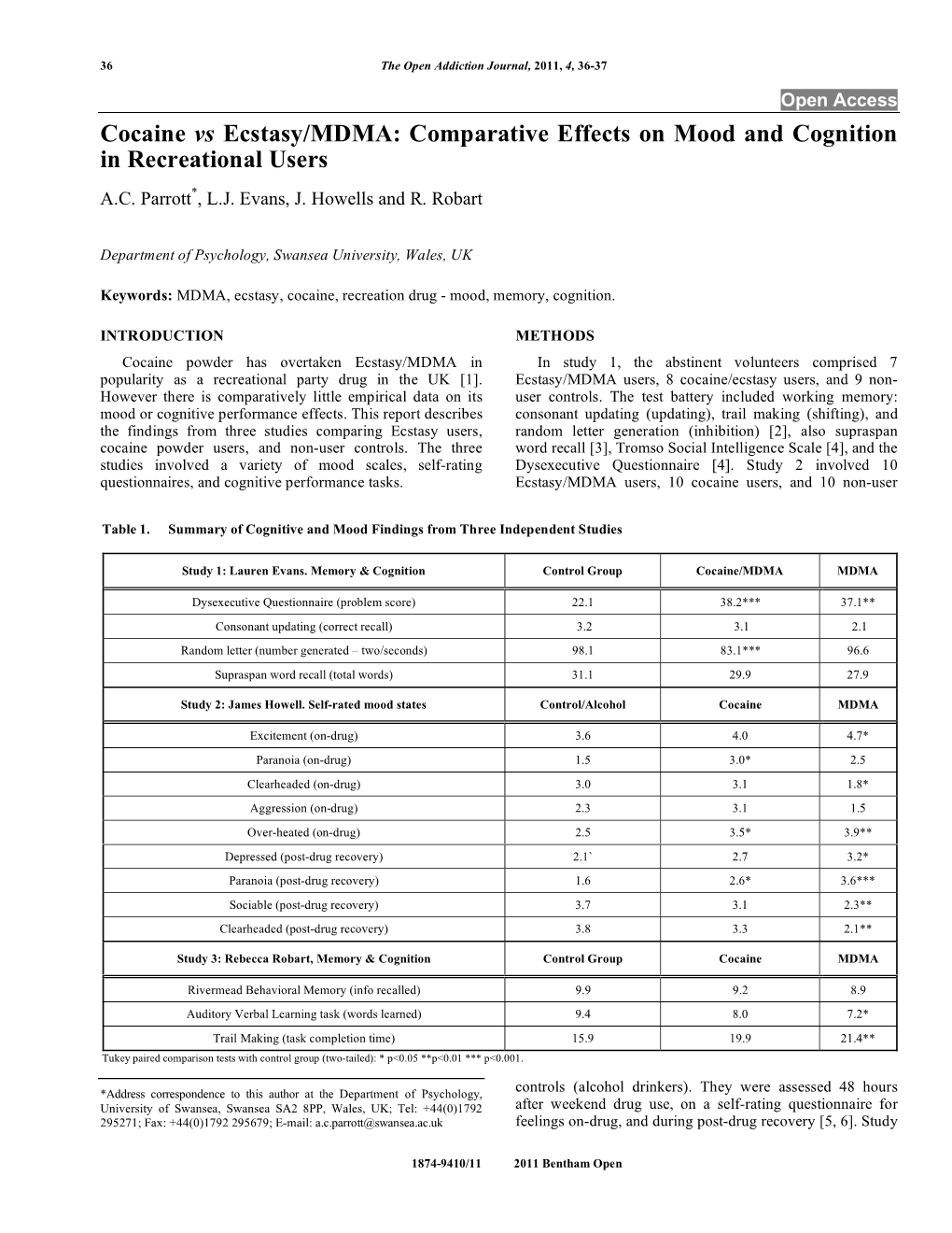 Cocaine Vs Ecstasy/MDMA: Comparative Effects on Mood and Cognition in Recreational Users A.C