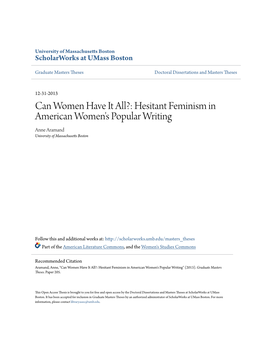 Hesitant Feminism in American Women's Popular Writing Anne Aramand University of Massachusetts Boston