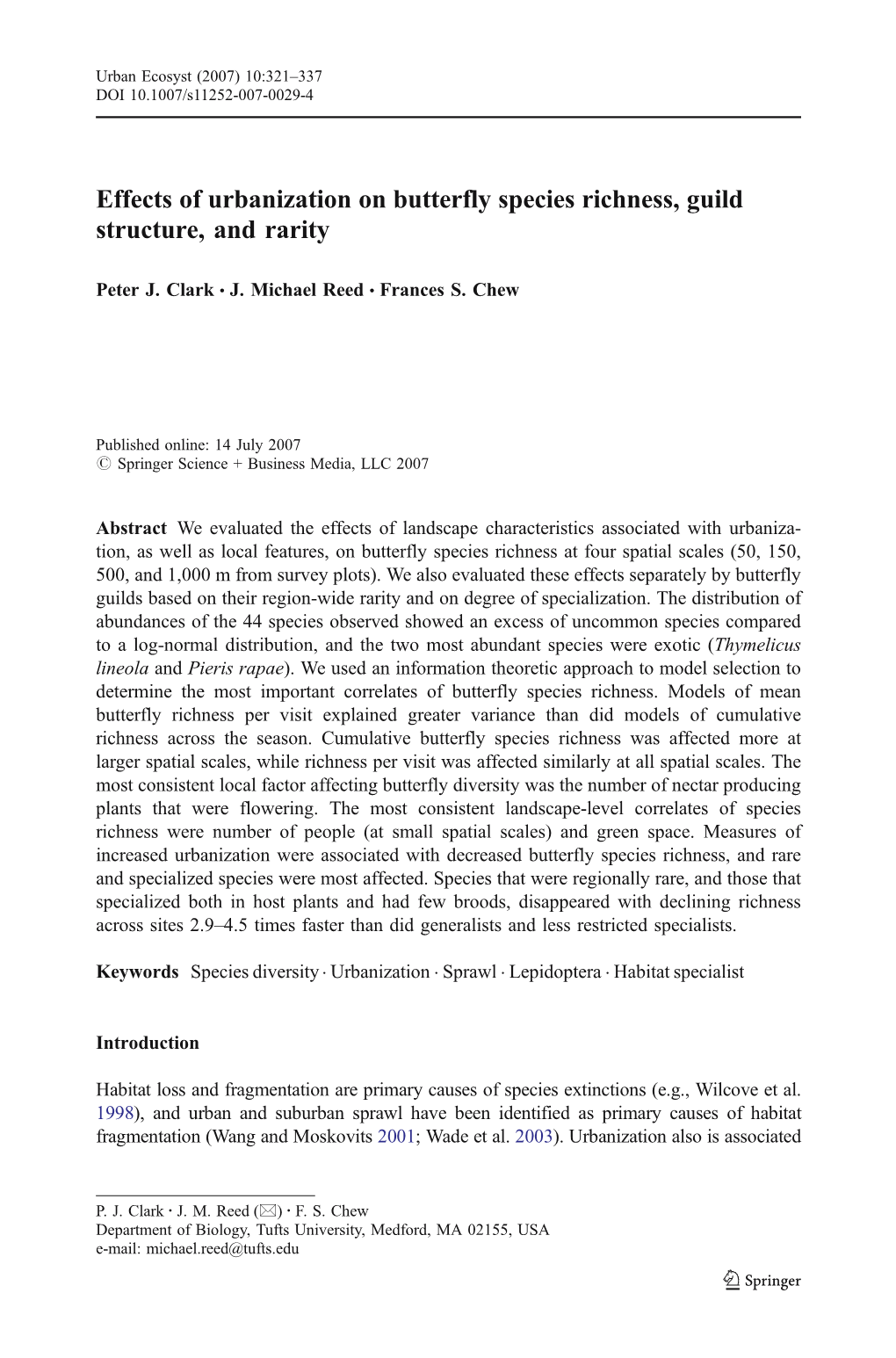 Effects of Urbanization on Butterfly Species Richness, Guild Structure, and Rarity