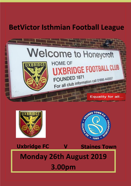 Monday 26Th August 2019 3.00Pm Betvictor Isthmian Football League