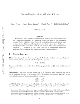 Generalization of Apollonius Circle Arxiv:2105.03673V1 [Math.MG] 8