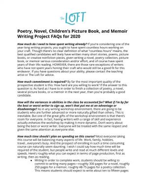 Poetry, Novel, Children's Picture Book, and Memoir Writing Project Faqs for 2020