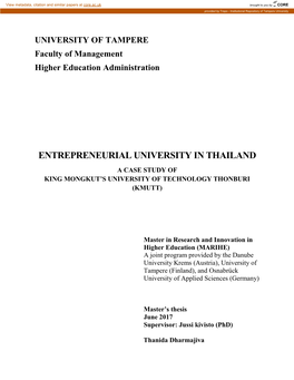 Entrepreneurial University in Thailand a Case Study of King Mongkut’S University of Technology Thonburi (Kmutt)