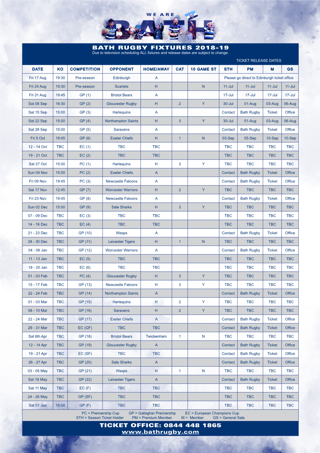 Bath Rugby Fixtures 2018-19 Ticket Office: 0844 448 1865