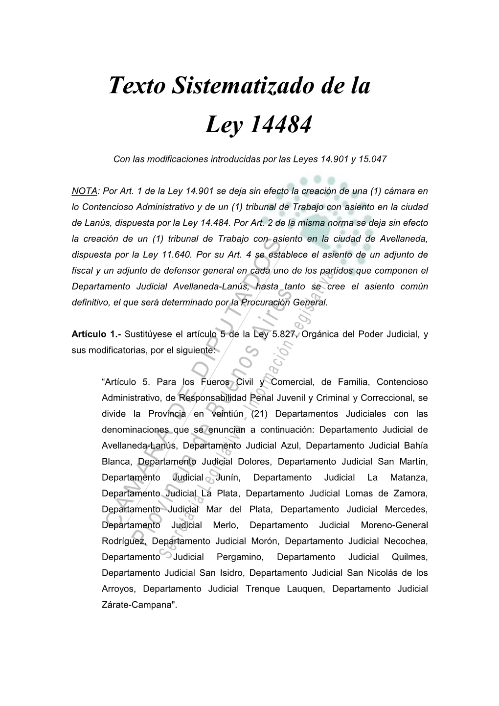 El Senado Y Cámara De Diputados De La Provincia De Buenos Aires