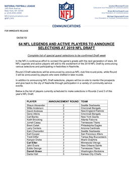 64 Nfl Legends and Active Players to Announce Selections at 2019 Nfl Draft