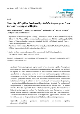 Diversity of Peptides Produced by Nodularia Spumigena from Various Geographical Regions