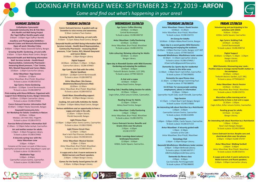 LOOKING AFTER MYSELF WEEK: SEPTEMBER 23 - 27, 2019 - ARFON Come and ﬁnd out What’S Happening in Your Area!