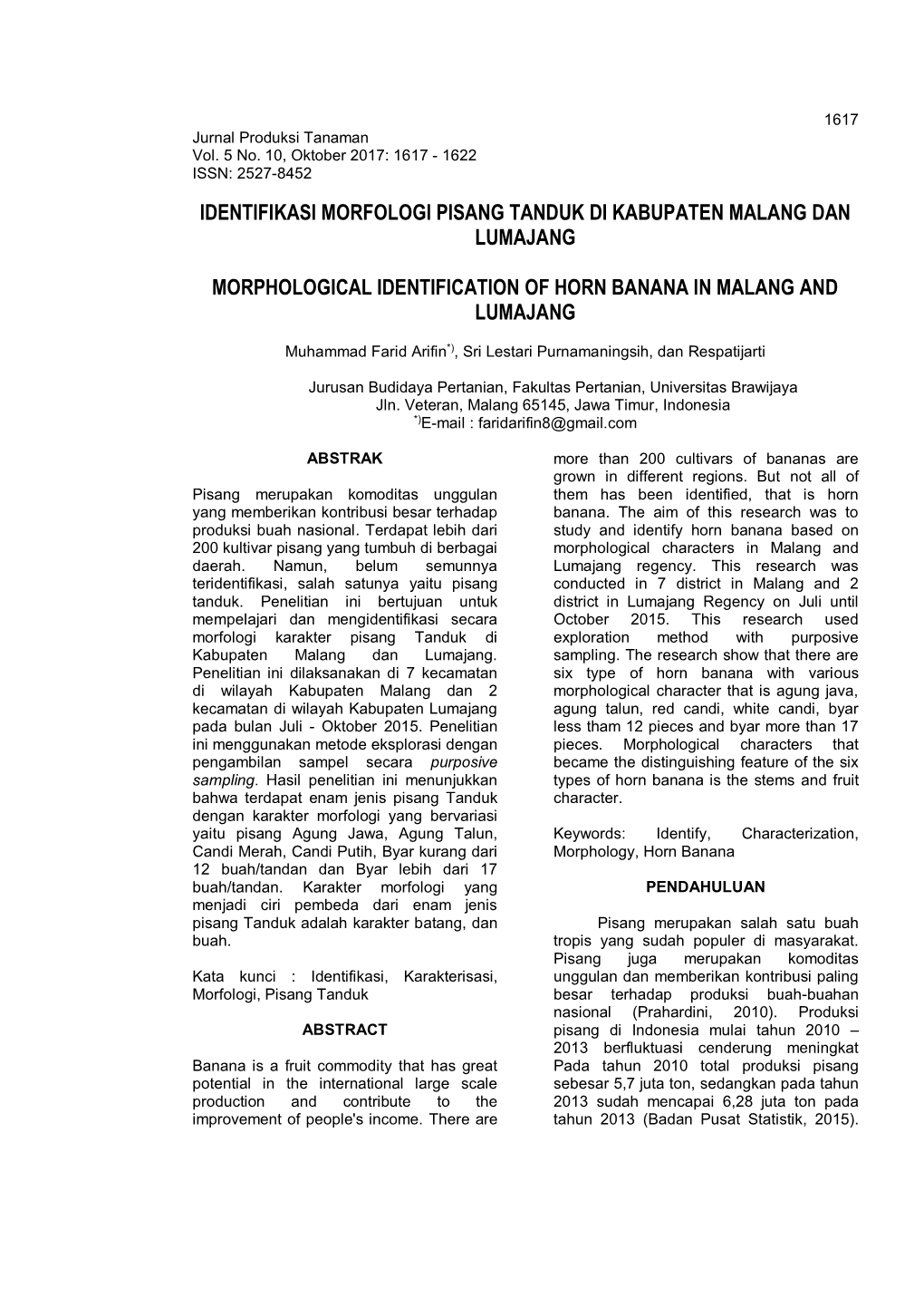 Identifikasi Morfologi Pisang Tanduk Di Kabupaten Malang Dan Lumajang