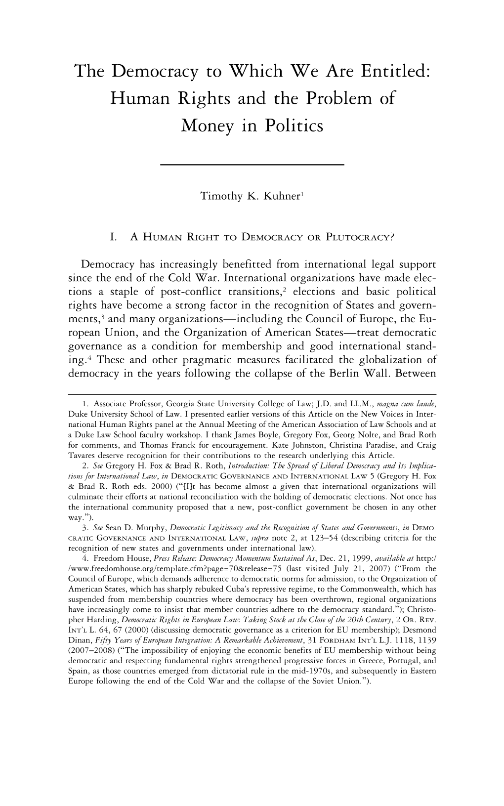 The Democracy to Which We Are Entitled: Human Rights and the Problem of Money in Politics