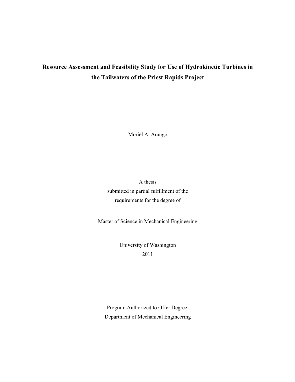 Resource Assessment and Feasibility Study for Use of Hydrokinetic Turbines in the Tailwaters of the Priest Rapids Project