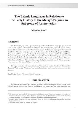 The Batanic Languages in Relation to the Early History of the Malayo-Polynesian Subgroup of Austronesian*