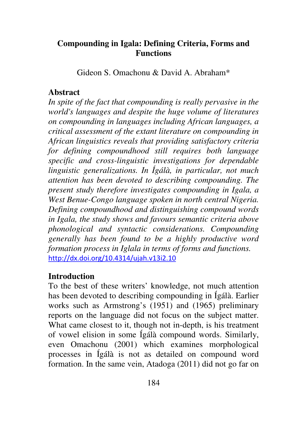 184 Compounding in Igala: Defining Criteria, Forms and Functions