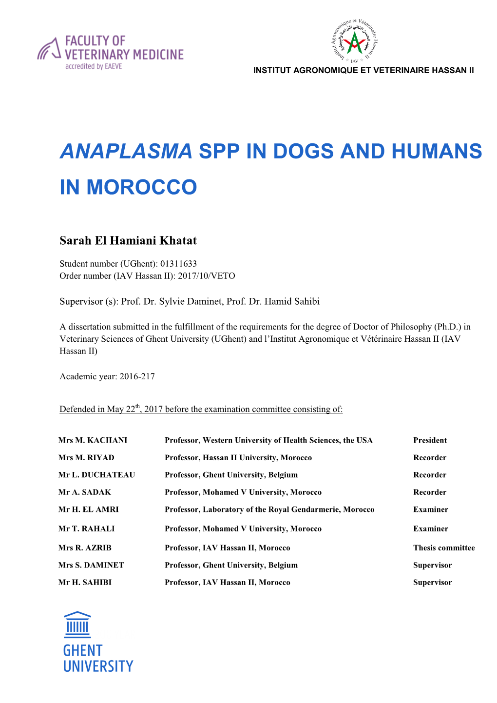 Anaplasma Spp in Dogs and Humans in Morocco