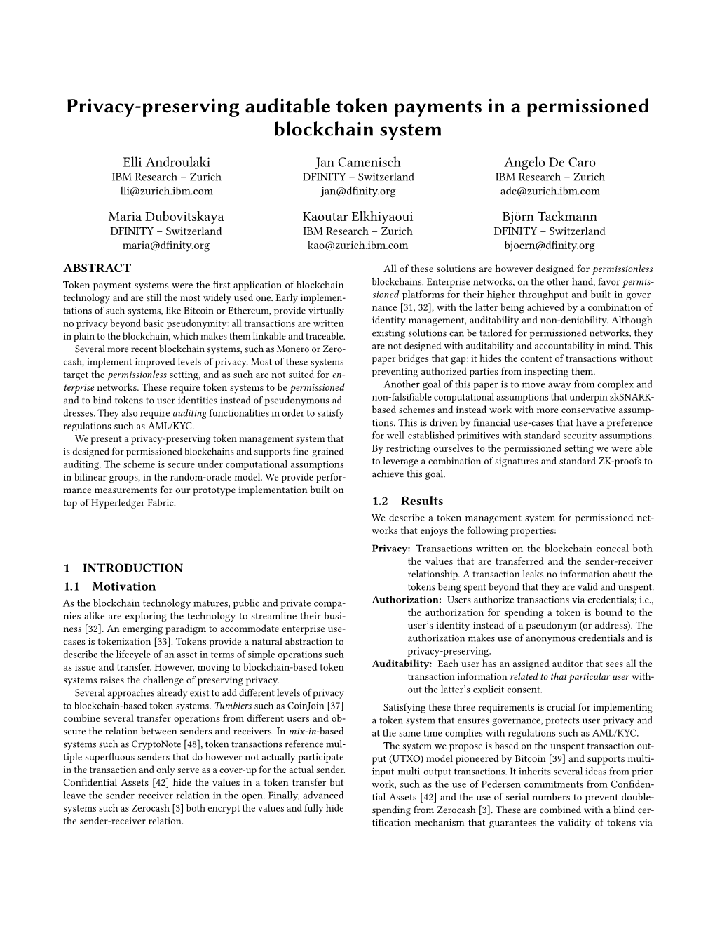 Privacy-Preserving Auditable Token Payments in a Permissioned Blockchain System