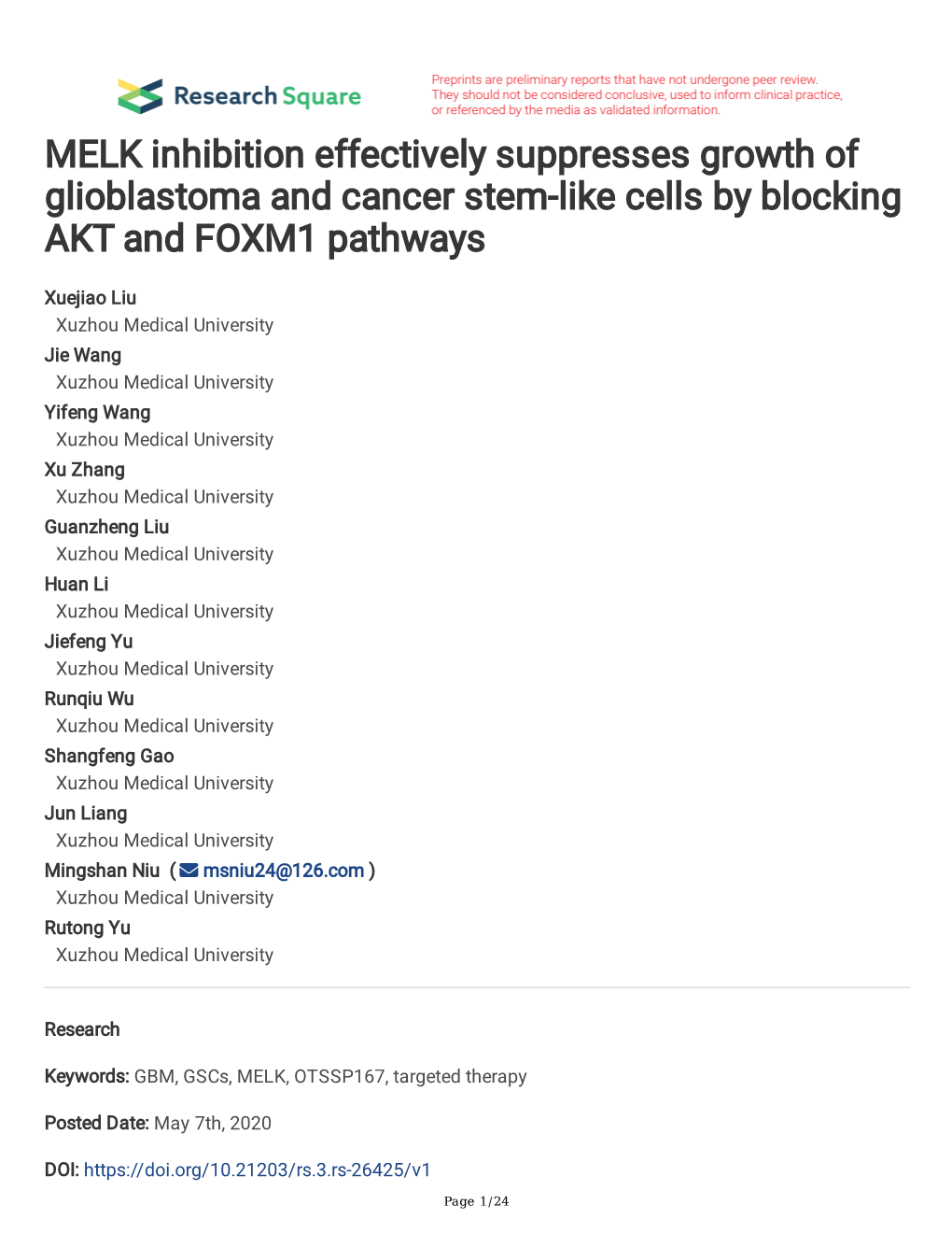 MELK Inhibition Effectively Suppresses Growth of Glioblastoma and Cancer Stem-Like Cells by Blocking AKT and FOXM1 Pathways