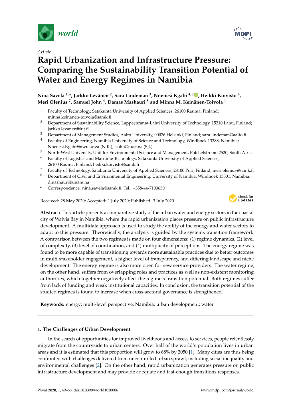 Rapid Urbanization and Infrastructure Pressure: Comparing the Sustainability Transition Potential of Water and Energy Regimes in Namibia