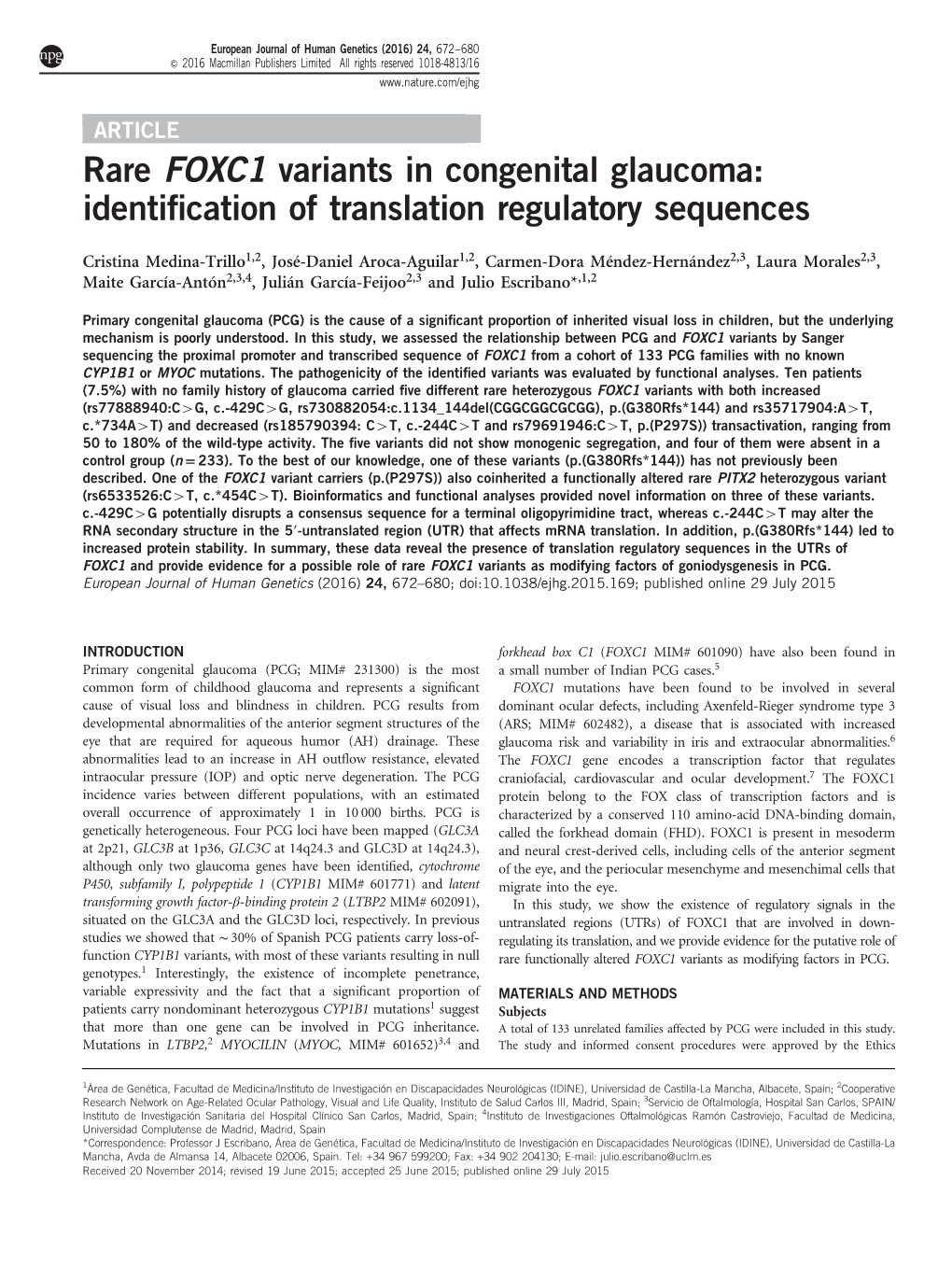 Rare FOXC1 Variants in Congenital Glaucoma: Identiﬁcation of Translation Regulatory Sequences