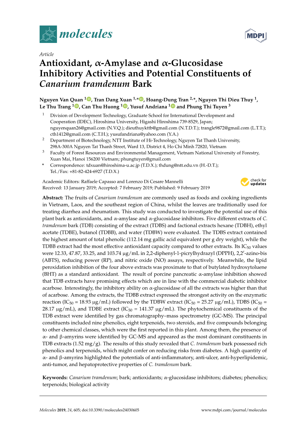 Antioxidant, Α-Amylase and Α-Glucosidase Inhibitory Activities and Potential Constituents of Canarium Tramdenum Bark