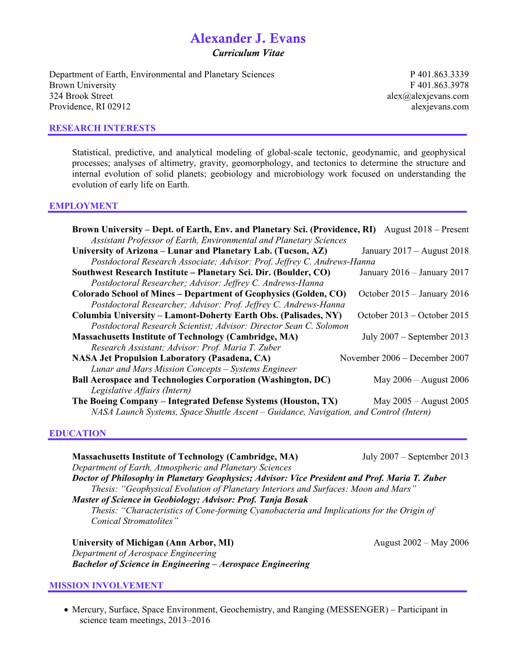 Alexander J. Evans Curriculum Vitae