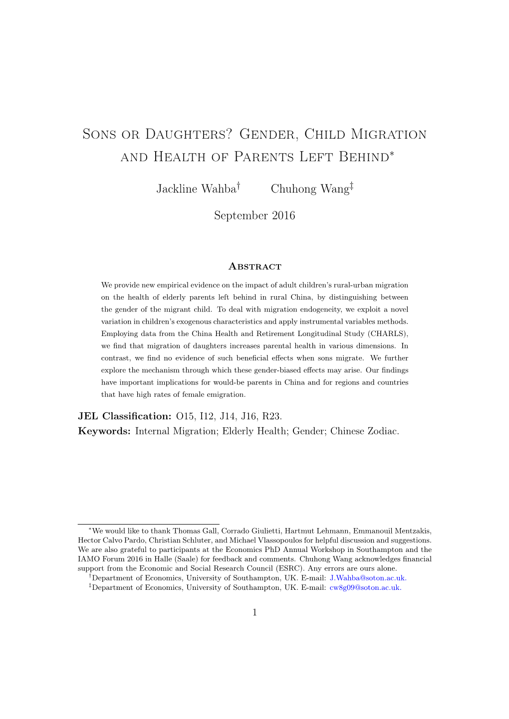 Sons Or Daughters? Gender, Child Migration and Health of Parents Left Behind∗