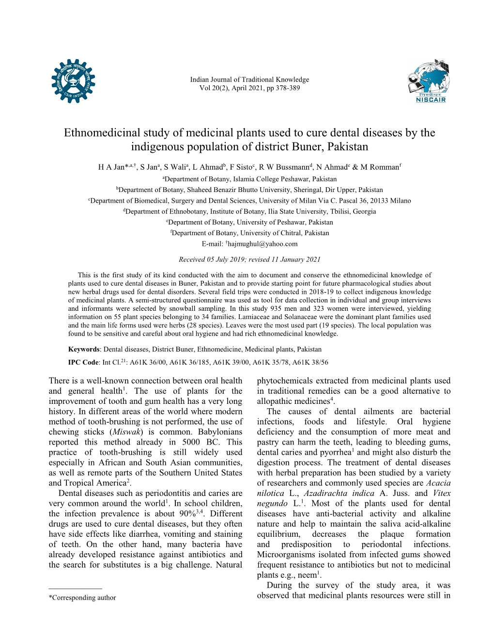 Ethnomedicinal Study of Medicinal Plants Used to Cure Dental Diseases by the Indigenous Population of District Buner, Pakistan