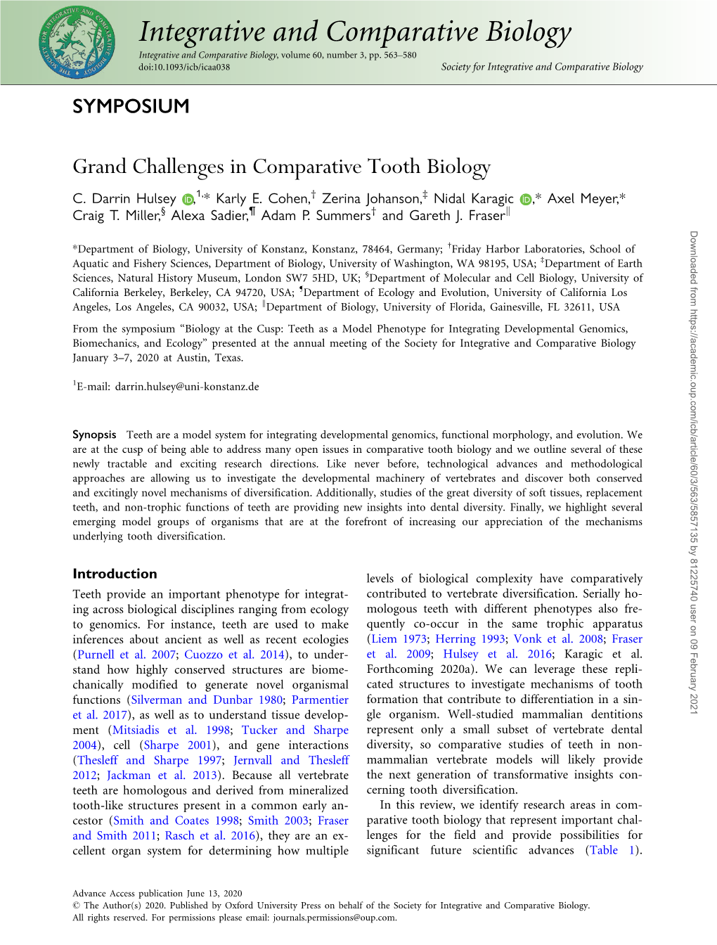 Grand Challenges in Comparative Tooth Biology C