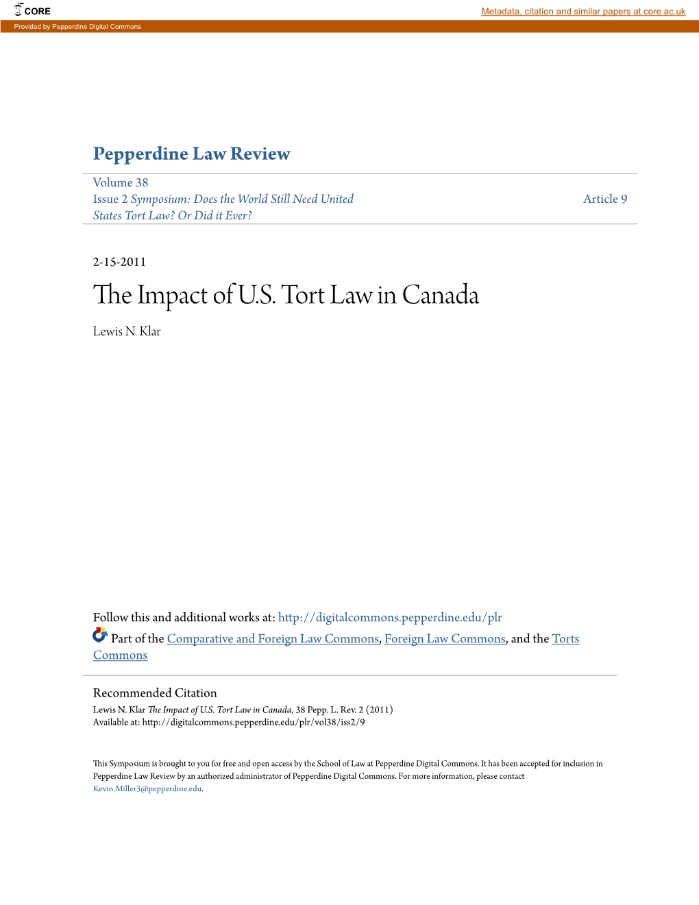 The Impact of U.S. Tort Law in Canada, 38 Pepp