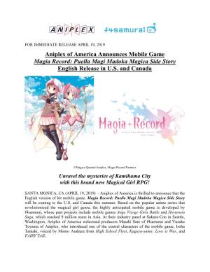 Aniplex of America Announces Mobile Game Magia Record: Puella Magi Madoka Magica Side Story English Release in U.S