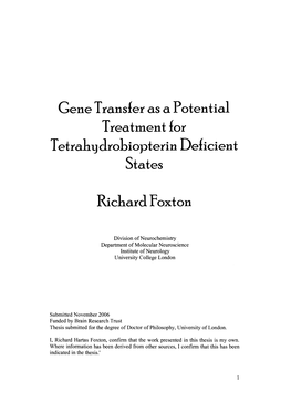 Gene Transfer As a Potential Treatment for Tetralujdrobiopterin Deficient States