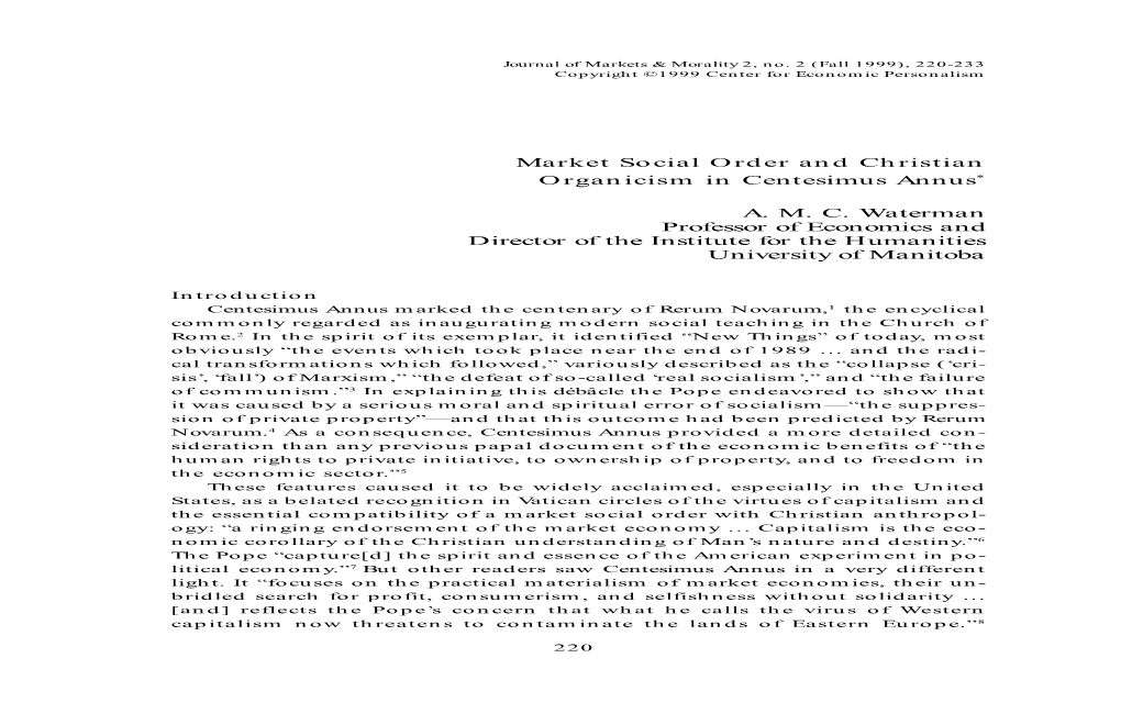 Market Social Order and Christian Organicism in Centesimus Annus