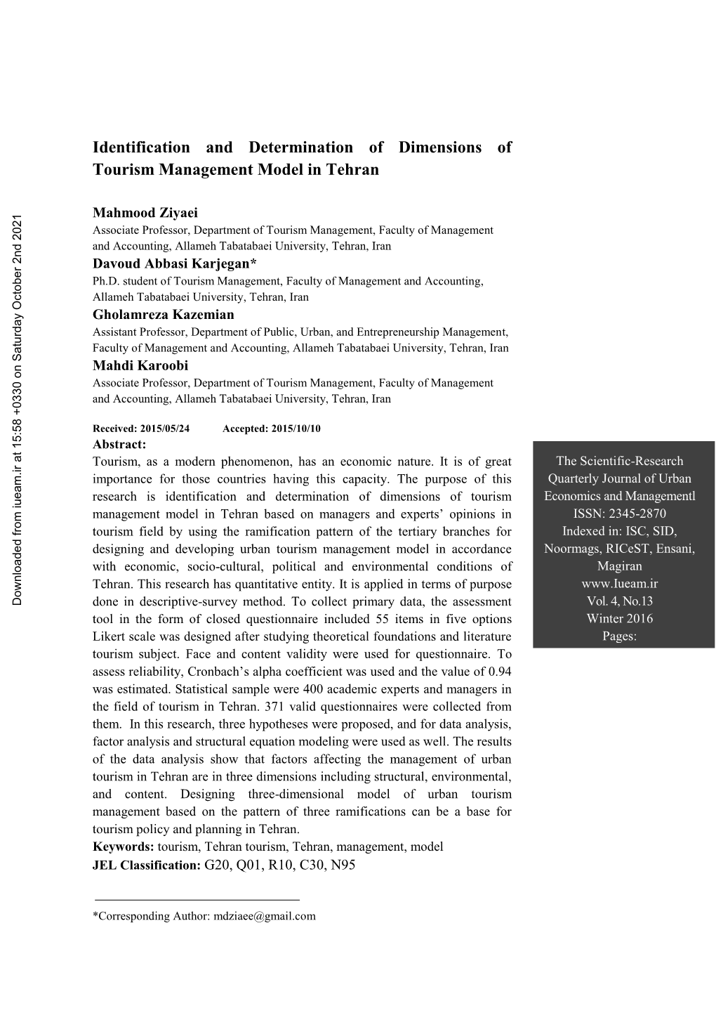 Identification and Determination of Dimensions of Tourism Management Model in Tehran