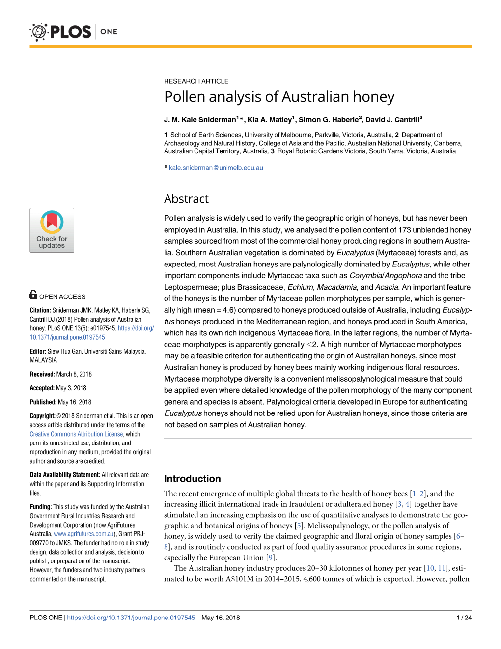 Pollen Analysis of Australian Honey