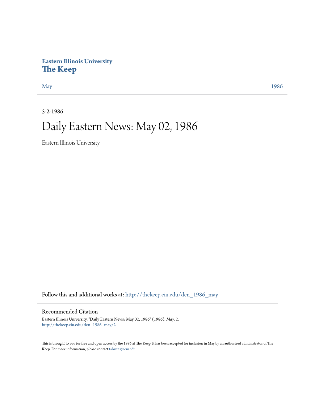 Eastern News: May 02, 1986 Eastern Illinois University