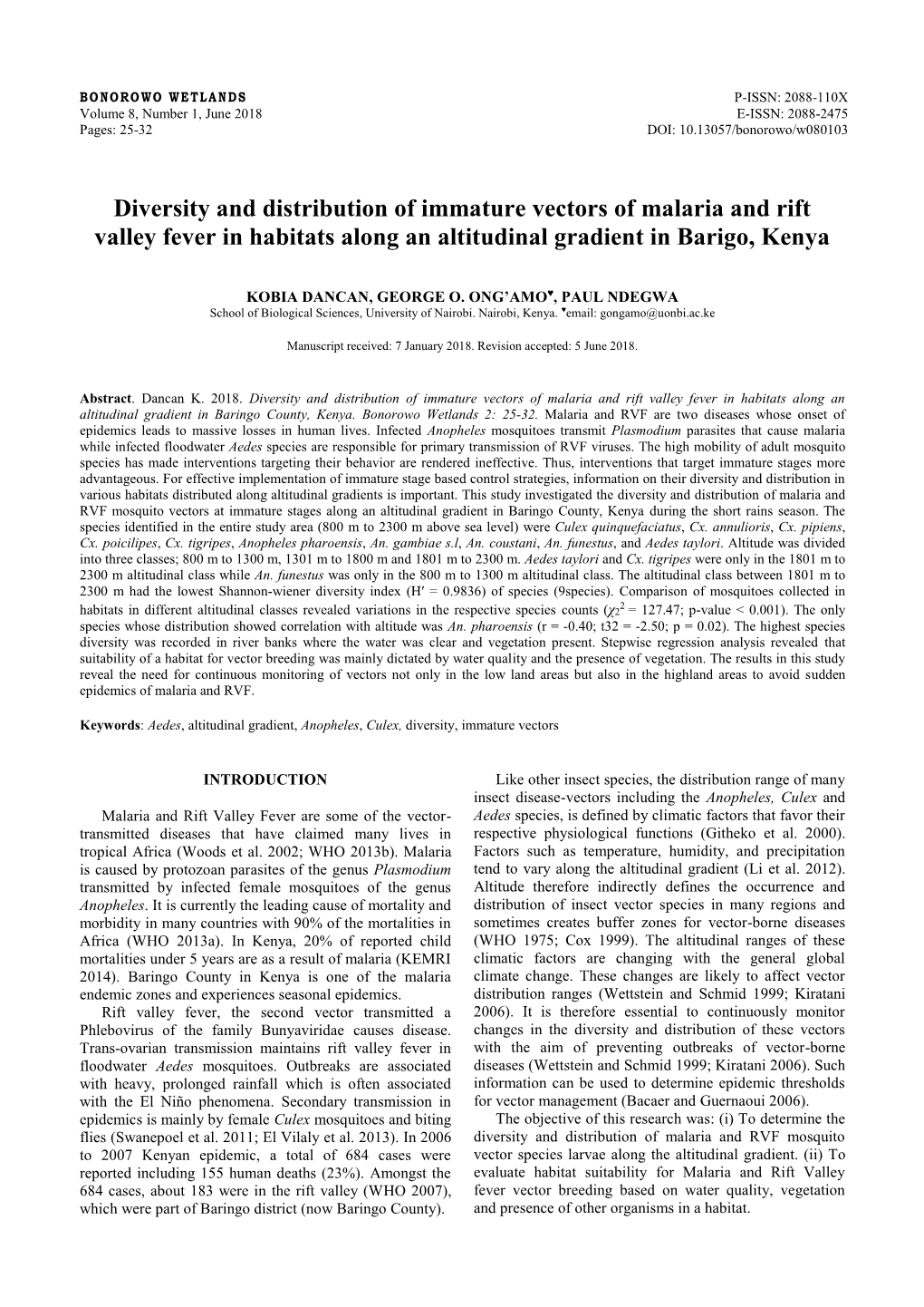 Diversity and Distribution of Immature Vectors of Malaria and Rift Valley Fever in Habitats Along an Altitudinal Gradient in Barigo, Kenya