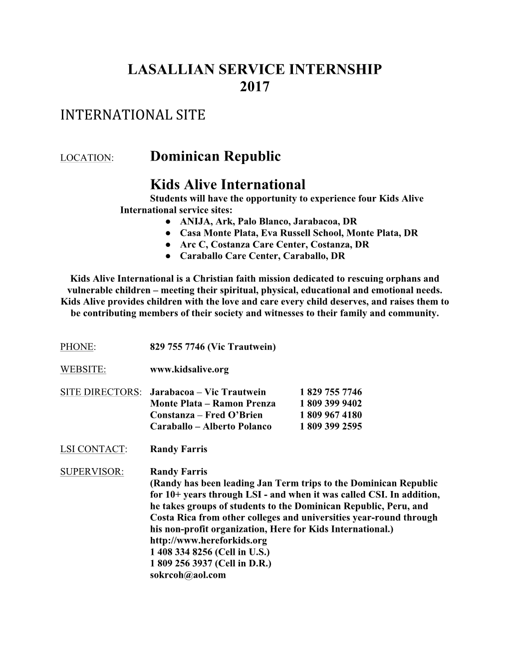 Lasallian Service Internship 2017 International Site