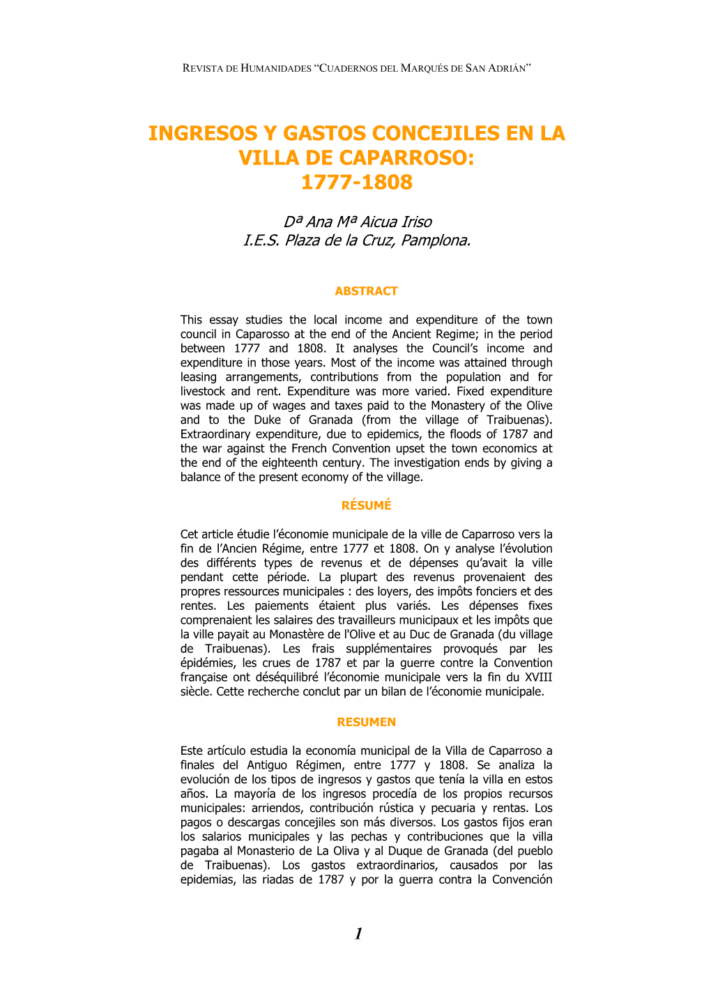 Ingresos Y Gastos Concejiles En La Villa De Caparroso: 1777-1808