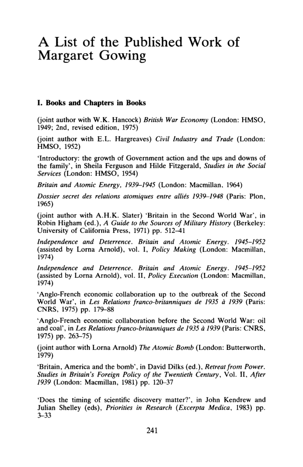 A List of the Published Work of Margaret Gowing