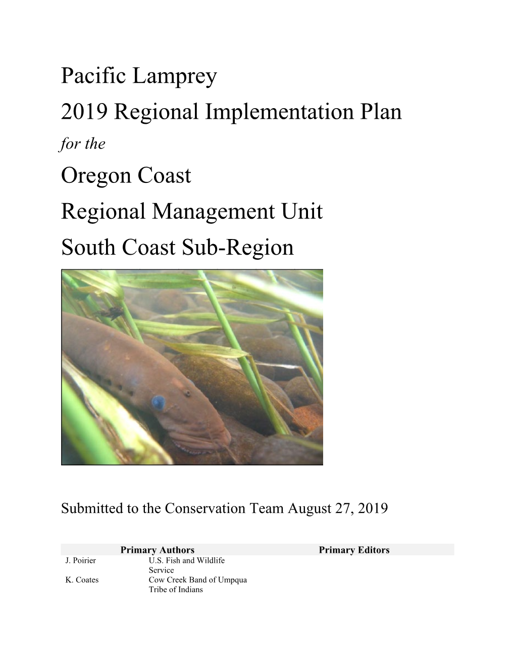 Pacific Lamprey 2019 Regional Implementation Plan Oregon Coast