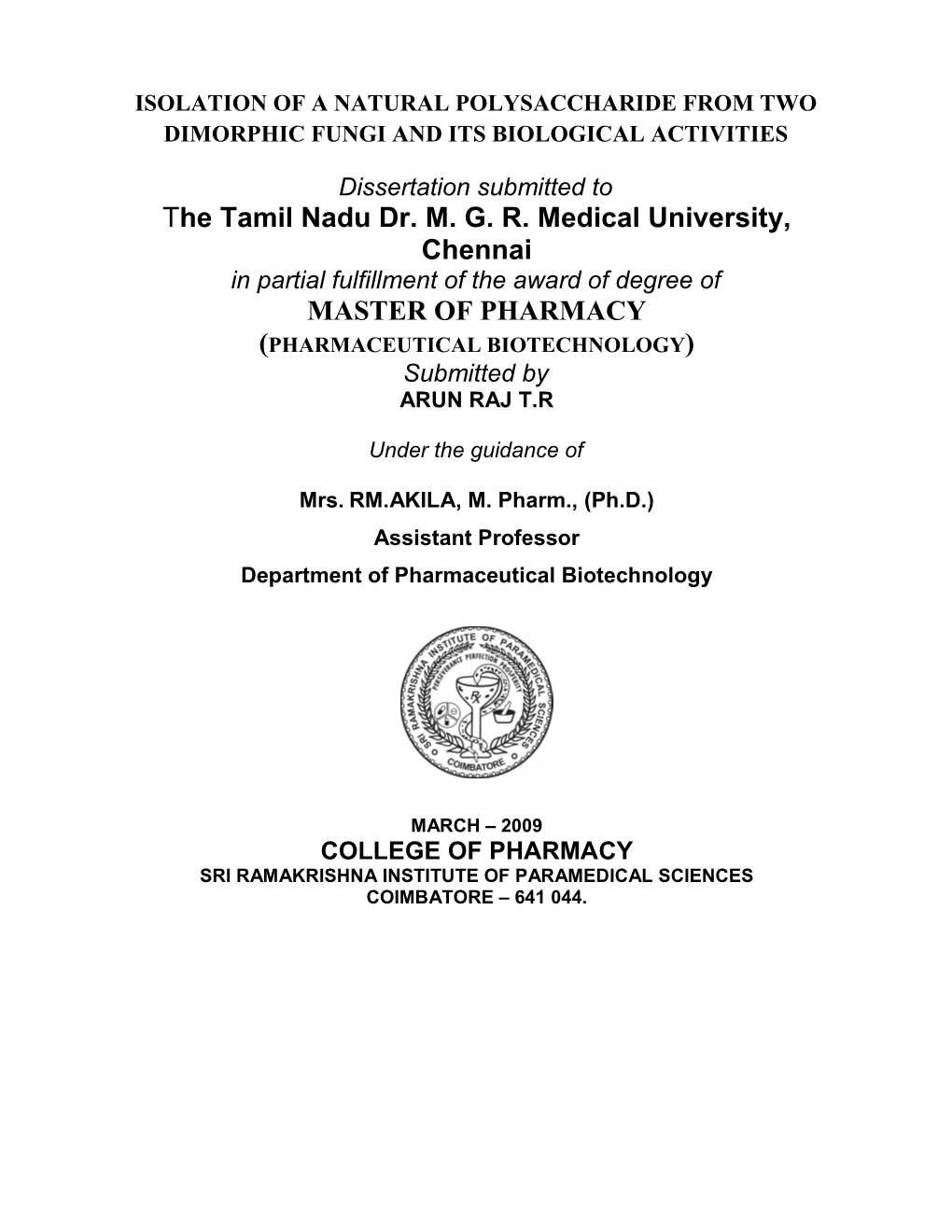 The Tamil Nadu Dr. M. G. R. Medical University, Chennai MASTER OF