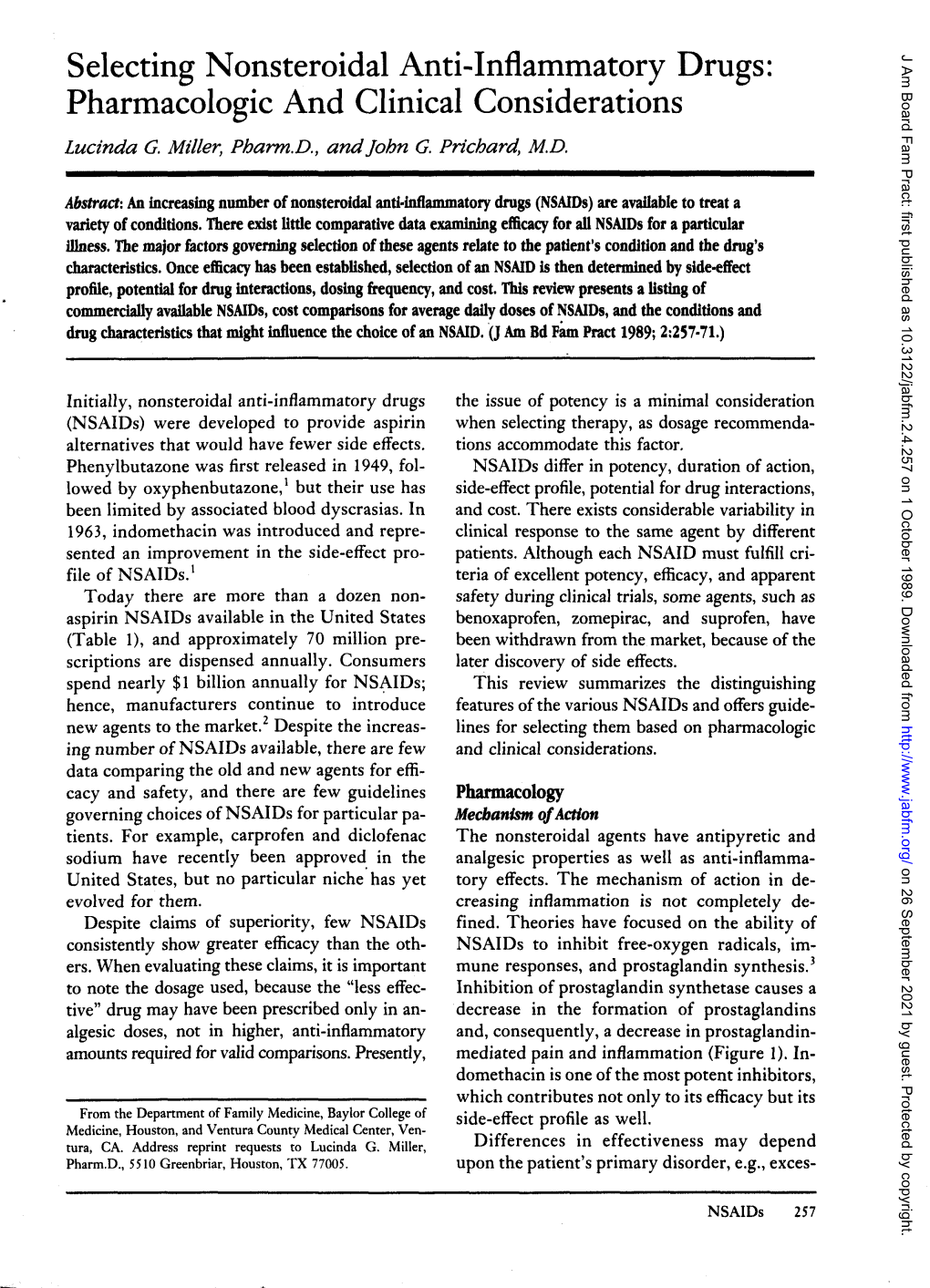 Selecting Nonsteroidal Anti-Inflammatory Drugs: J Am Board Fam Pract: First Published As 10.3122/Jabfm.2.4.257 on 1 October 1989