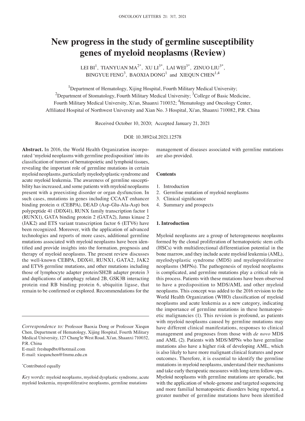 New Progress in the Study of Germline Susceptibility Genes of Myeloid Neoplasms (Review)