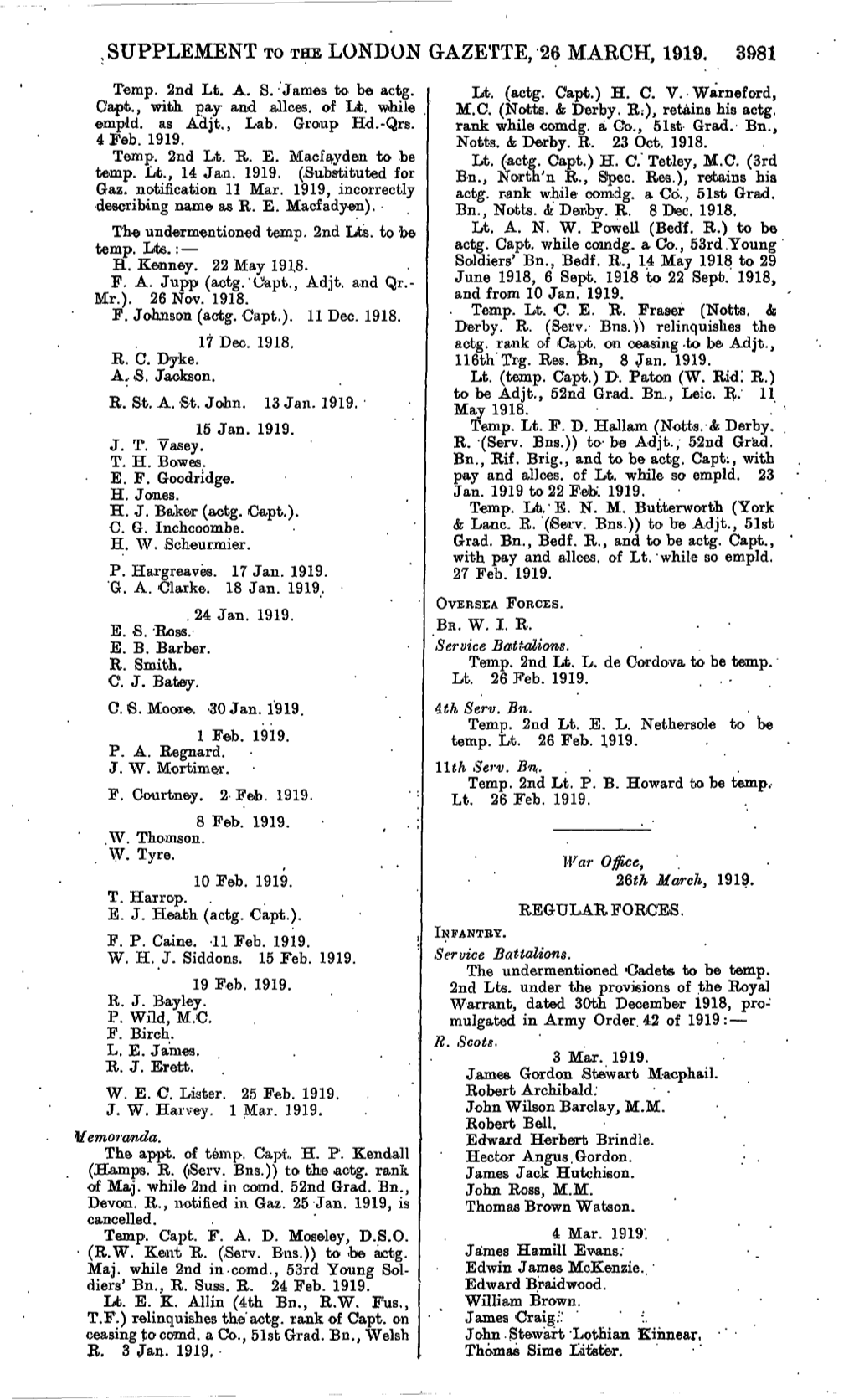 Supplement to the London Gazette, 26 March, 1919. 3981