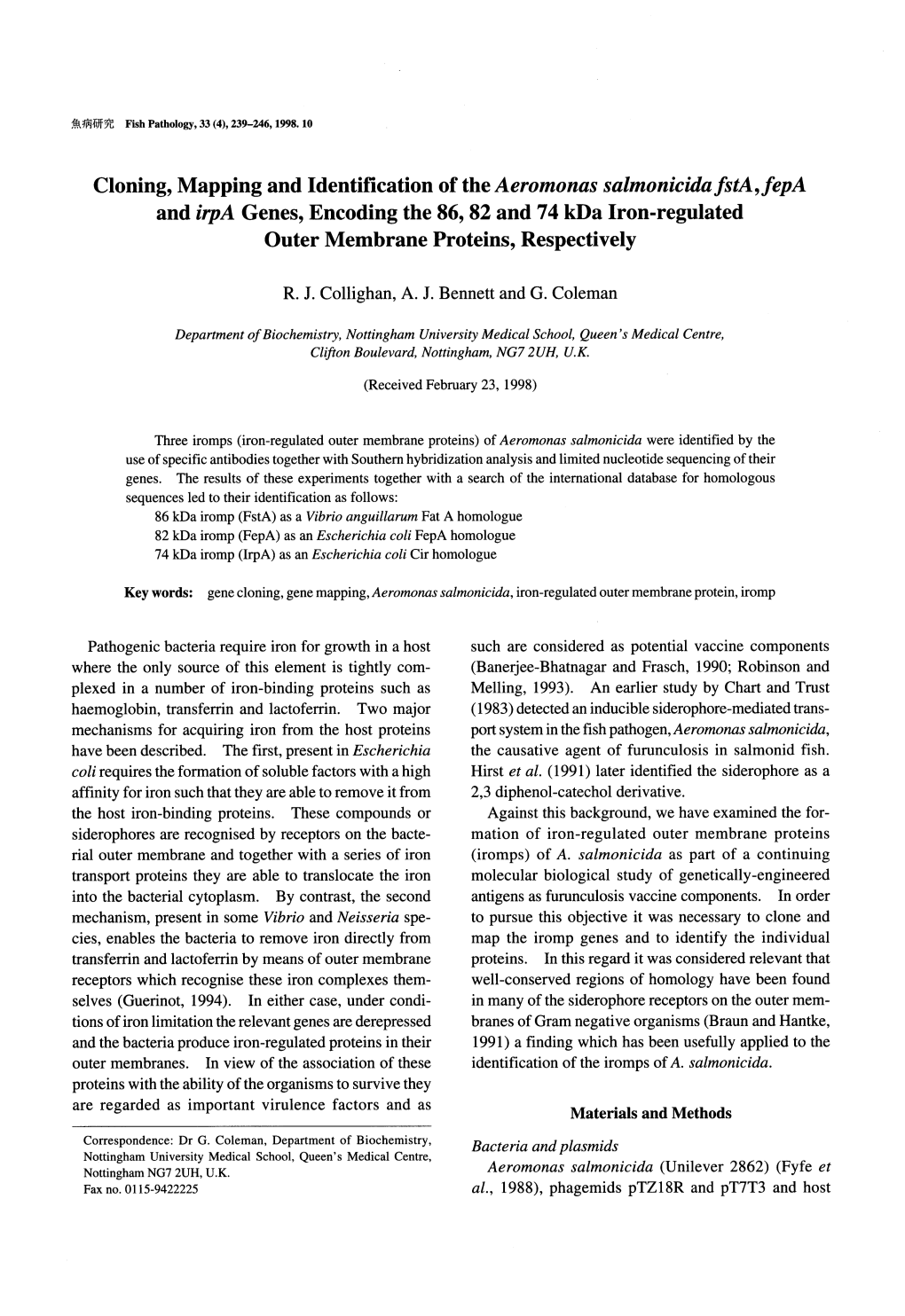 Cloning, Mapping and Identification of the Aeromonas Salmonicida Fsta