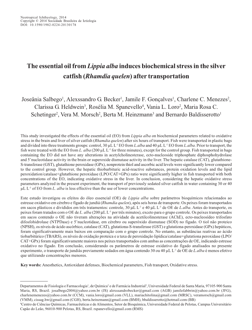 The Essential Oil from Lippia Alba Induces Biochemical Stress in the Silver Catfish (Rhamdia Quelen) After Transportation