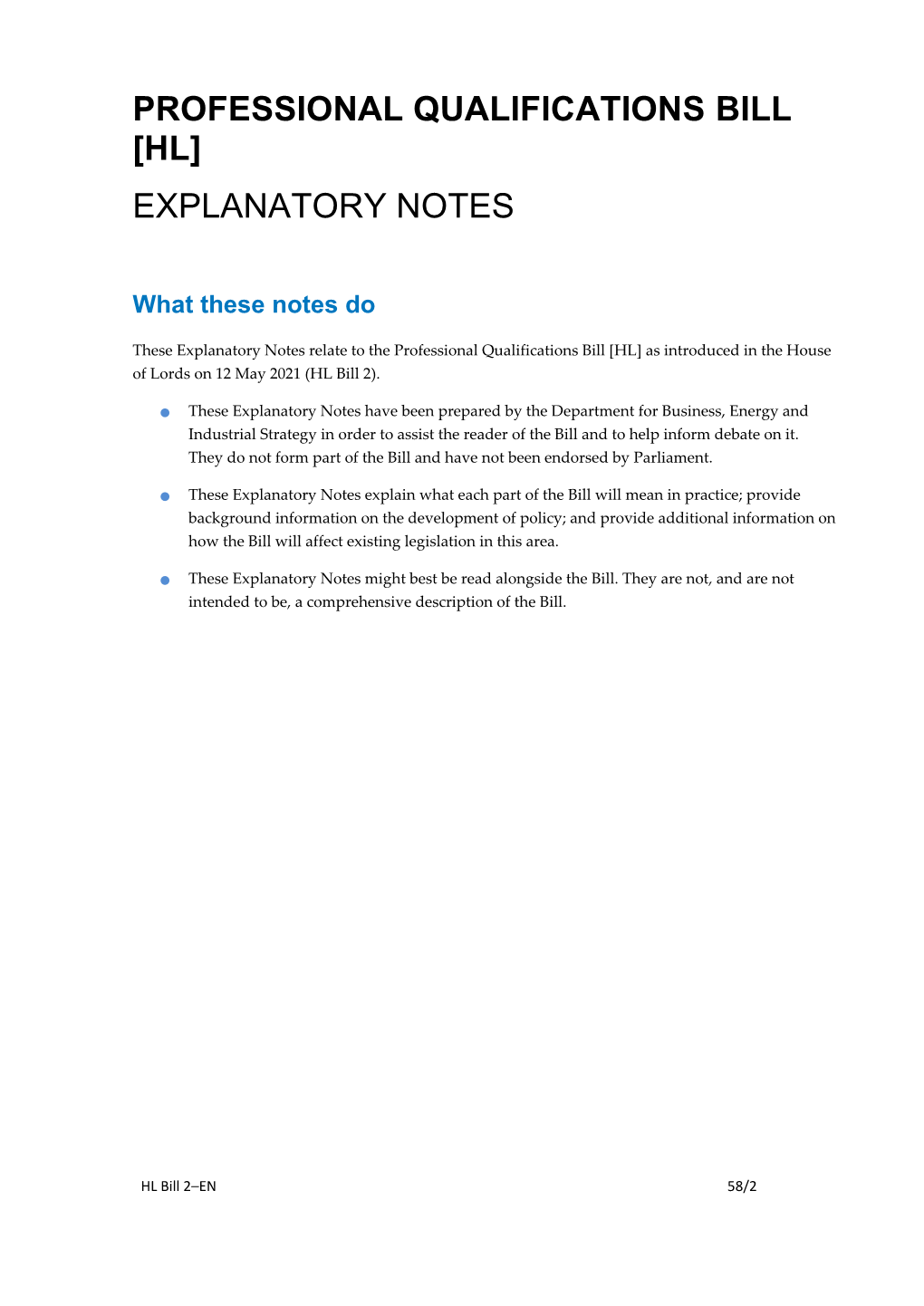 Professional Qualifications Bill [Hl] Explanatory Notes