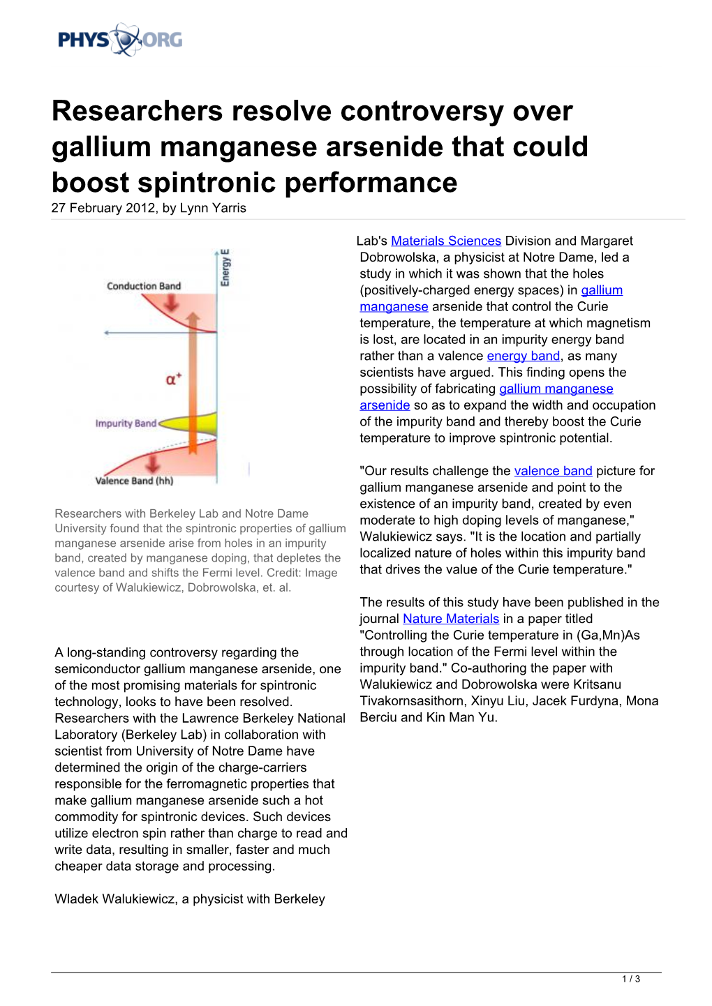 Researchers Resolve Controversy Over Gallium Manganese Arsenide That Could Boost Spintronic Performance 27 February 2012, by Lynn Yarris