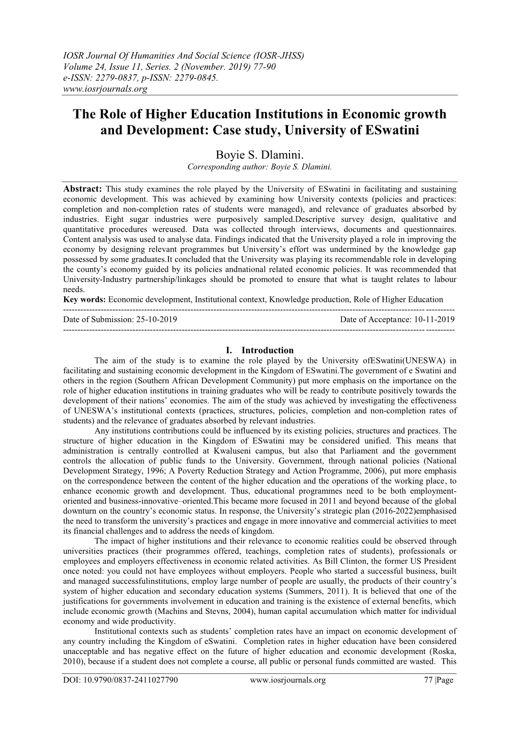 The Role of Higher Education Institutions in Economic Growth and Development: Case Study, University of Eswatini