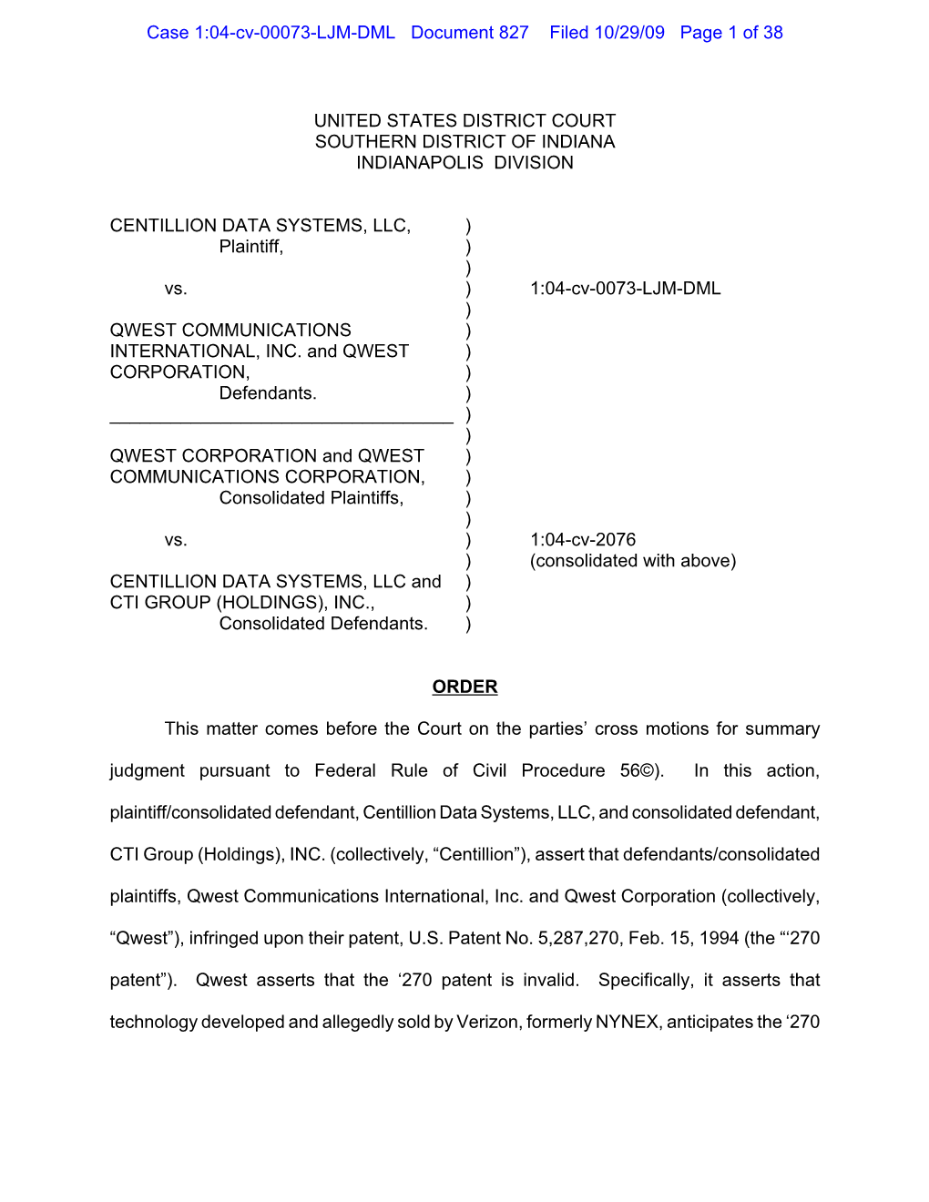 Case 1:04-Cv-00073-LJM-DML Document 827 Filed 10/29/09 Page 1 of 38